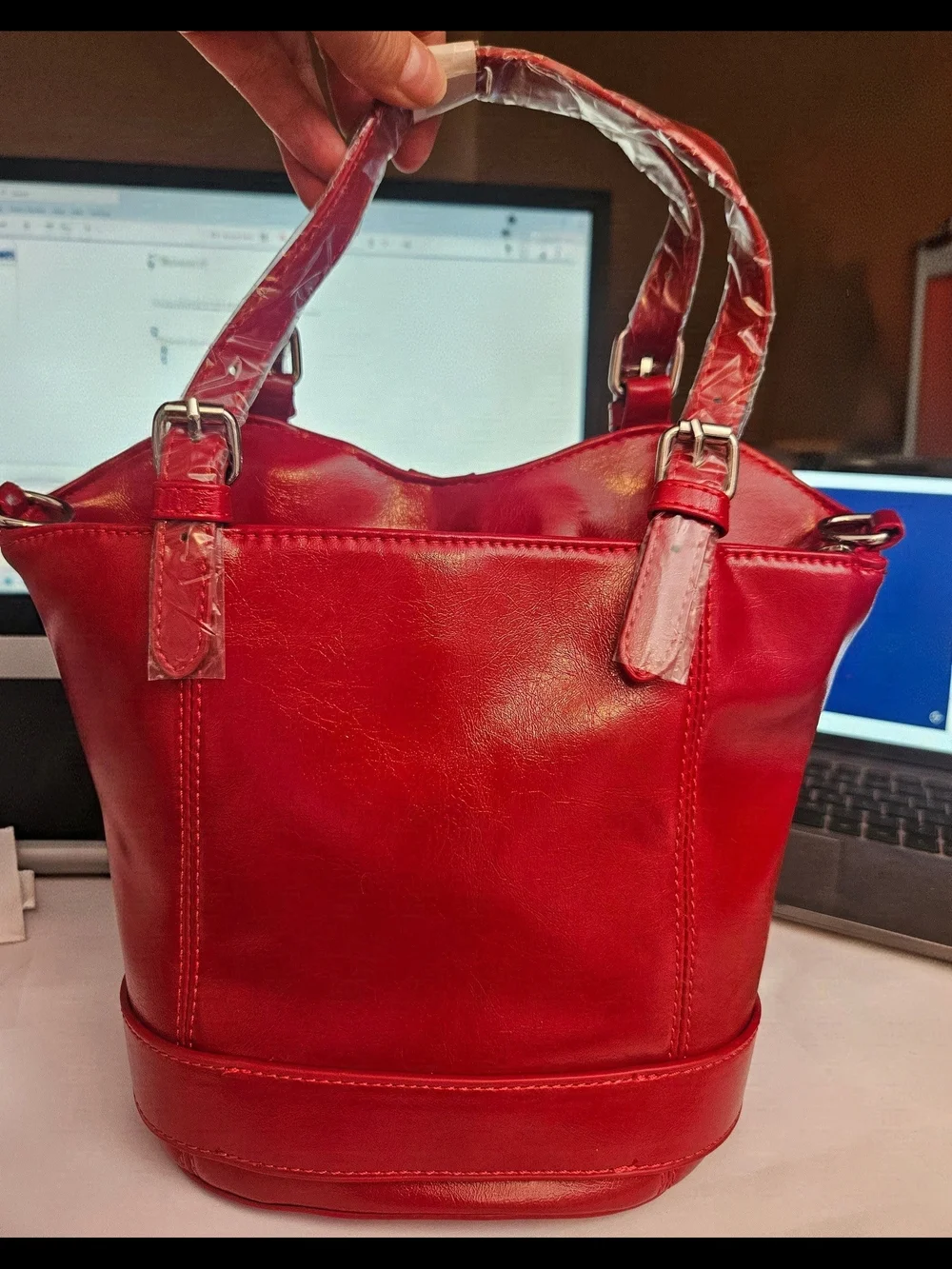 Red Women's Faux Leather Bustier Buckle Bag